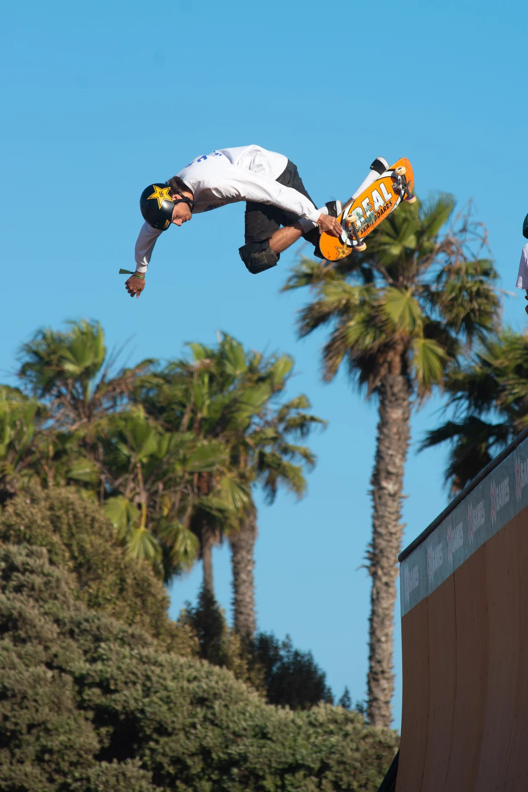 Skateboard trick high above palm trees